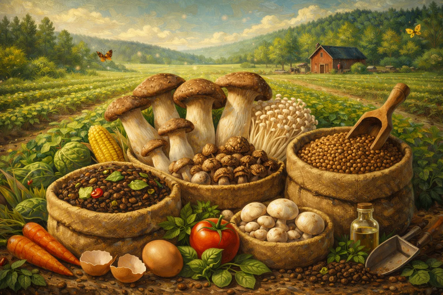 丰收的蘑菇与乡村田园 (1).webp